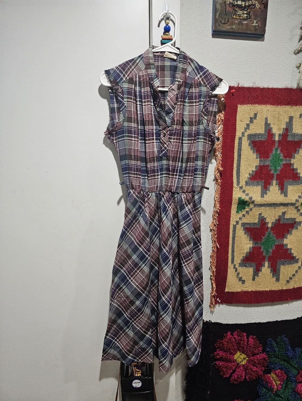 Vintage Plaid Sleeveless Midi Dress in Navy and Burgundy S/M